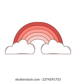 Rainbow with white clouds.Groovy retro cartoon lovely heart sticker, patch. Valentines Day. For poster, card, print. Trendy retro 60s 70s style. Red, pink colors. Vector illustration