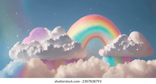 Cielo de nubes esponjosas y blancas de arcoiris con estrellas.Cielo de cuento de hadas azul rosa vector cielo.Dibujo de dibujos animados de ensueño con gradiente pastel.Diseño de paredes de vivero para bebés.Fondo de papel pintado para niños.Plantilla para ducha para bebés.