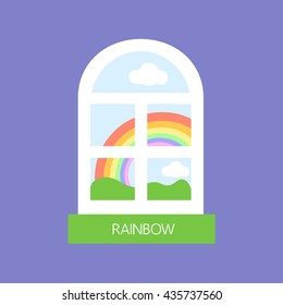 Rainbow and window in rainy season. Day Vector of flat colorful illustration.