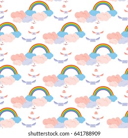 Rainbow and Winged Mail Envelopes in the cloud. Love letters. Seamless pattern on white background. Vector illustration. Flat design style. Swatch inside