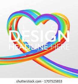 Rainbow wire heart shape background. Abstract 3D striped objects on white background with copy space. Vector illustration template.