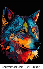 Rainbow wolf, Patterned head of a wolf, coyote, dog. Abstract ethnic image of the head of a wolf with an unusual ornament. Colorful rainbow decoration painted by hand. Vector.