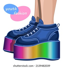 Rainbow women sneakers on high platform cartoon isolated white background