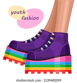 Rainbow women sneakers on high platform cartoon isolated white background