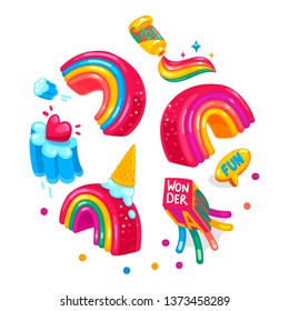 Rainbow wonderland kids cartoon set vector colorful illustration