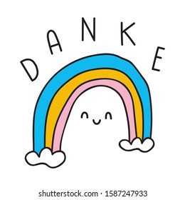 Rainbow with word - Danke is thank you in German. Vector illustration for greeting card, sticker, poster design.