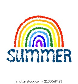 Rainbow and word Summer icon. Color ink silhouette. Horizontal front view. Vector simple flat graphic hand drawn illustration. Isolated object on a white background. Isolate.