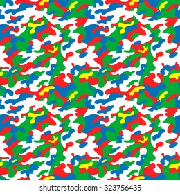 rainbow yellow, blue, green, red & white children camouflage pattern, seamless texture background