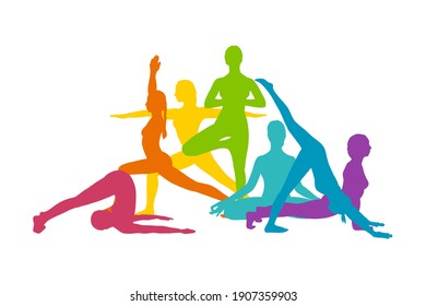 Rainbow yoga asanas. Rainbow colored silhouettes of women practicing yoga. Vector illustration isolated on white background