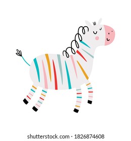 Rainbow zebra. Zebra flat hand drawn poster. Cartoon character for kids and babies fashion. Vector children's illustration. Funny zoo print.