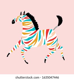 Rainbow zebra in hand-drawn style. Cute vector illustration poster design. Funny zoo print.