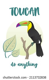 Rainbow-billed toucan on branch. Vector illustration.