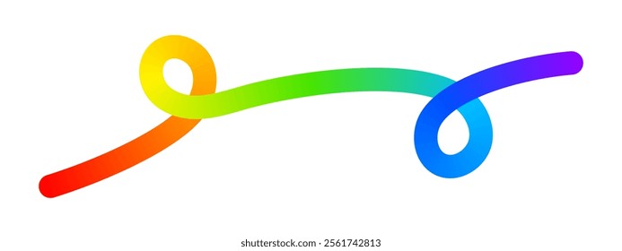 Rainbow-colored curvy line. Colorful squiggle with loops. LGBT design element. Organic doodle figure with gradient effect isolated on white background. Vector illustration.