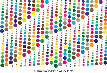 Rainbow-colored dots of varying sizes arranged in rows forming a wavy pattern on a bright background.