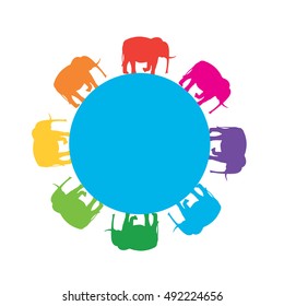 rainbow-colored elephants on blue ball. vector illustration of logo