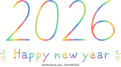 Rainbow-colored hand-drawn text with “2026” and “Happy New Year” New Year's logo