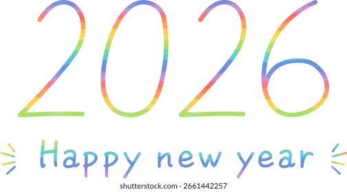 Rainbow-colored hand-drawn text with “2026” and “Happy New Year” New Year's logo