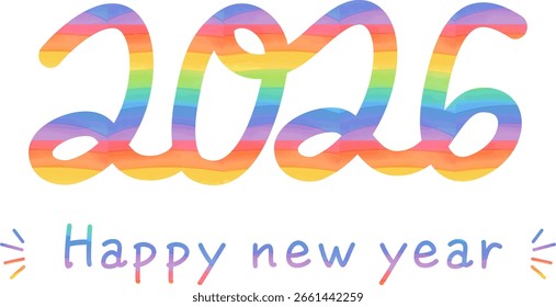 Rainbow-colored hand-drawn text with “2026” and “Happy New Year” New Year's logo
