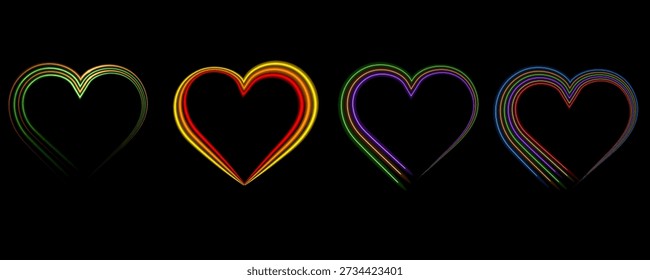 rainbowcolored heart shapes in different colors on dark background
