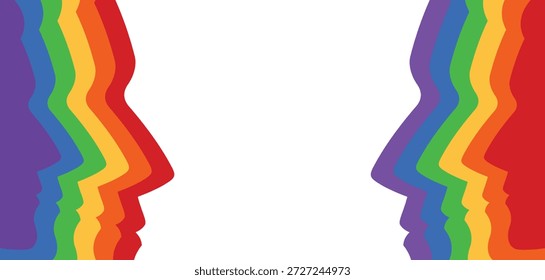Rainbow-colored human faces on a transparent background, LGBT banner, people opposite, queer culture