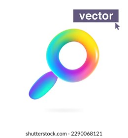Rainbow-colored Lupe logo. Magnifying glass icon. Multicolor plastic cartoon style. Vector 3D render style glossy colorful emblem. Perfect for creative cute app, modern design, vibrant adv.