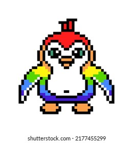 Rainbow-colored penguin, cute pixel art animal character isolated on white background. Old school retro 80s, 90s 8 bit slot machine, computer, video game graphics. Cartoon magic bird mascot.