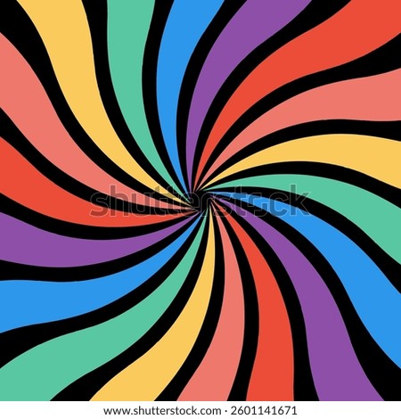 Rainbow-colored retro background with swirling spiral pattern. Hypnotic, effect. Design element for backgrounds, abstract art, graphic design projects.