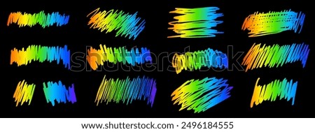 Rainbow-colored scraped textures onblack scratchcard surface. Collection of scraping effects on scratch card, game ticket, lotto or sale coupon isolated on metallic background. Vector illustration.