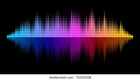 A rainbow-colored sound wave composed by round dots set against a black background