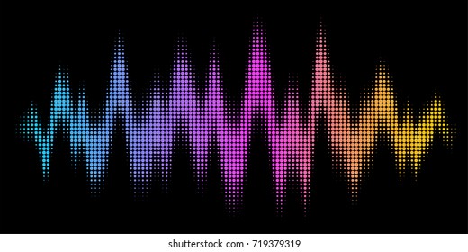 A rainbow-colored sound wave composed by round dots set against a black background
