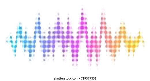 A rainbow-colored sound wave composed by round dots set against a white background