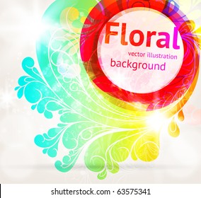 rainbow-colored swirly background with splats and retro floral elements