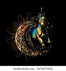 rainbow-colored unicorn on a black background flies through a golden crescent and stars against the backdrop of a magical flower