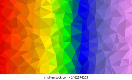 Rainbow/Pride coloured modern gradient triangle background texture made out of triangles of  different sizes in vector art, to be used as background/texture for sites/posters (Low Poly texture)