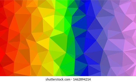 Rainbow/Pride coloured modern gradient triangle background texture made out of triangles of  different sizes in vector art, to be used as background/texture for sites/posters (Low Poly texture)