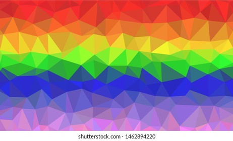 Rainbow/Pride coloured modern gradient triangle background texture made out of triangles of  different sizes in vector art, to be used as background/texture for sites/posters (Low Poly texture)