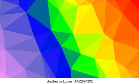 Rainbow/Pride coloured modern gradient triangle background texture made out of triangles of  different sizes in vector art, to be used as background/texture for sites/posters (Low Poly texture)