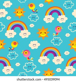 rainbows birds clouds sun blue sky seamless pattern