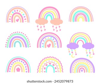 Juego Rainbows Boho. Arco iris engastado con nubes, estrellas, corazones, gotas. Garabato de vivero colorido, impresión de tela de moda para niños, conjunto de Vector de Elementos boho infantiles. Ilustración aislada de Vector