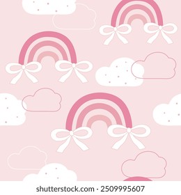 arco iris con arcos y nubes de lunares blancas rosas sin patrón, Vector, ilustración 