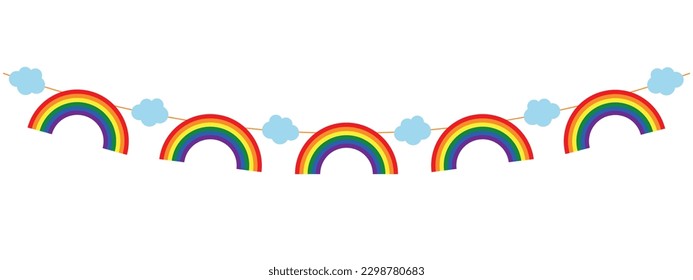 Rainbows with clouds banner, simple vector garland clipart