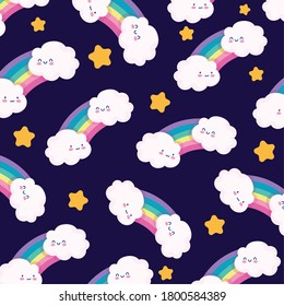 rainbows clouds gold stars sky ornament cartoon decoration black background vector illustration