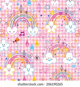 rainbows clouds hearts raindrops seamless pattern