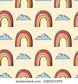 Rainbows and clouds hippie seamless pattern in retro 60s-70s style. Funny endless background or print design in warm color palette.