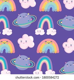 rainbows clouds planet sky space magic cartoon decoration background vector illustration