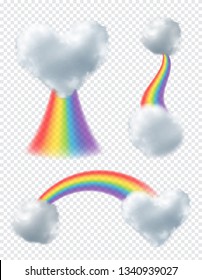 Rainbows with clouds. Realistic set on transparent background. Isolated vector illustration.