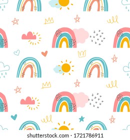 Rainbows and clouds seamless pattern. Cute doodle childish vector illustration. Hipster background