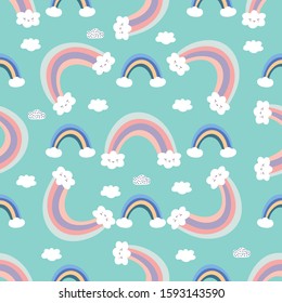 Rainbows  and clouds seamless pattern, nursery background.
