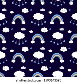 Rainbows  and clouds seamless pattern, nursery background.