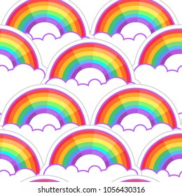 Rainbows and clouds seamless pattern. Trendy stylish texture. Repeating colorful tile, artwork for print and textiles. Isolated vector illustration. LGBT concept.